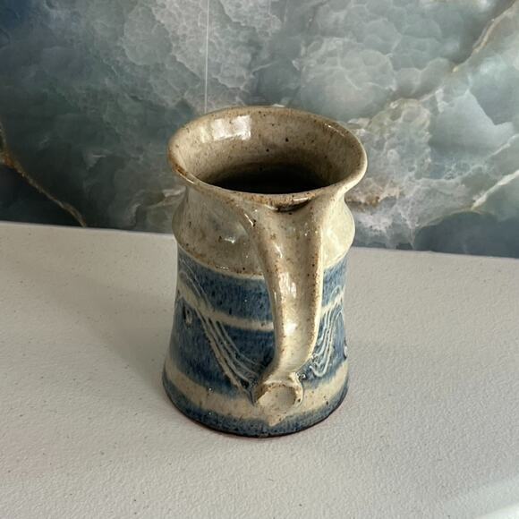 Studio Art Pottery Mug 4.5" Stoneware Blue & Tan Striped Speckled Wave - Picture 2 of 8